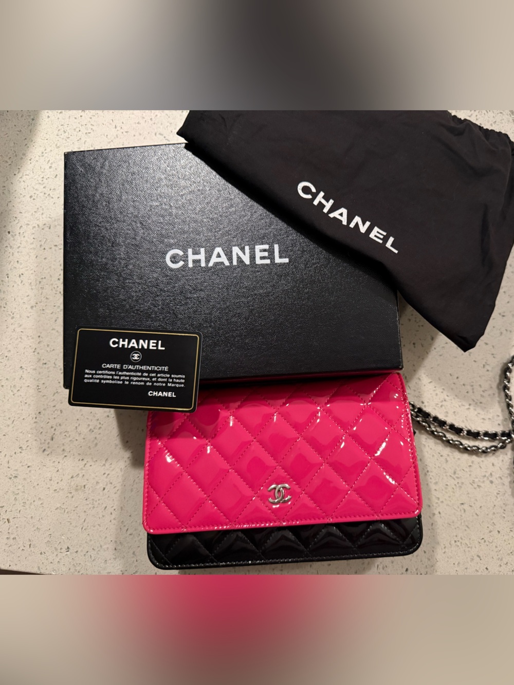 CHANEL Hot Pink Patent Quilted Wallet On Chain Crossbody with Black Trim